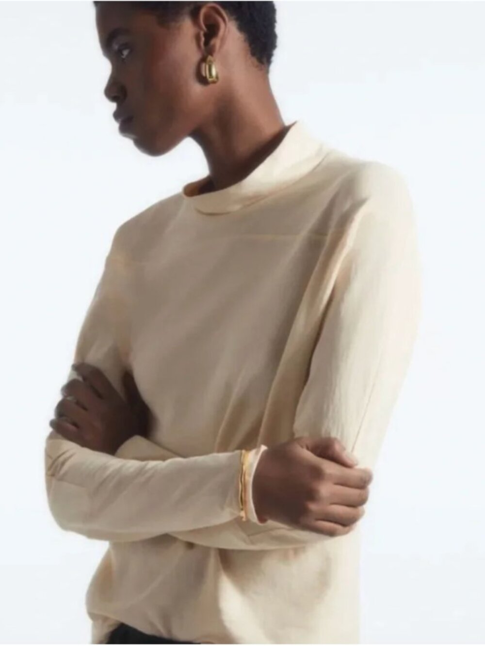 COS Mock Neck Long Sleeve Shirt Ecru Cream Medium Cotton Neutral Minimalist Lux